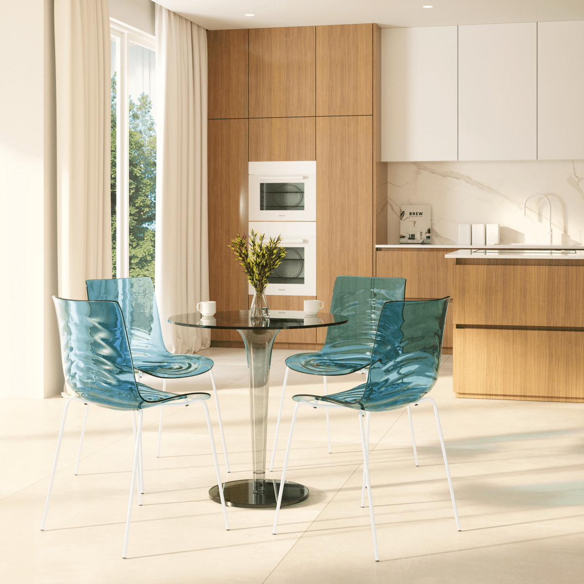 Astor Dining Chair Modern ABS Plastic Side Chair with Stainless-Steel Legs Transparent Blue White Dining Chair Leisuremod