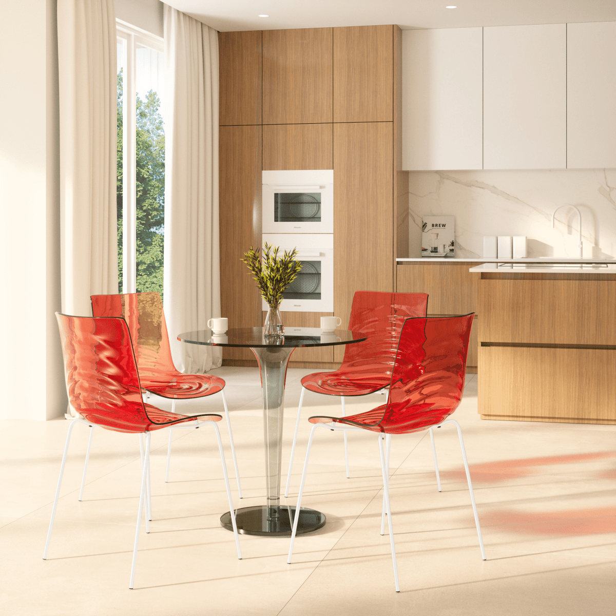 Astor Dining Chair Modern ABS Plastic Side Chair with Stainless-Steel Legs Transparent Red White Dining Chair Leisuremod