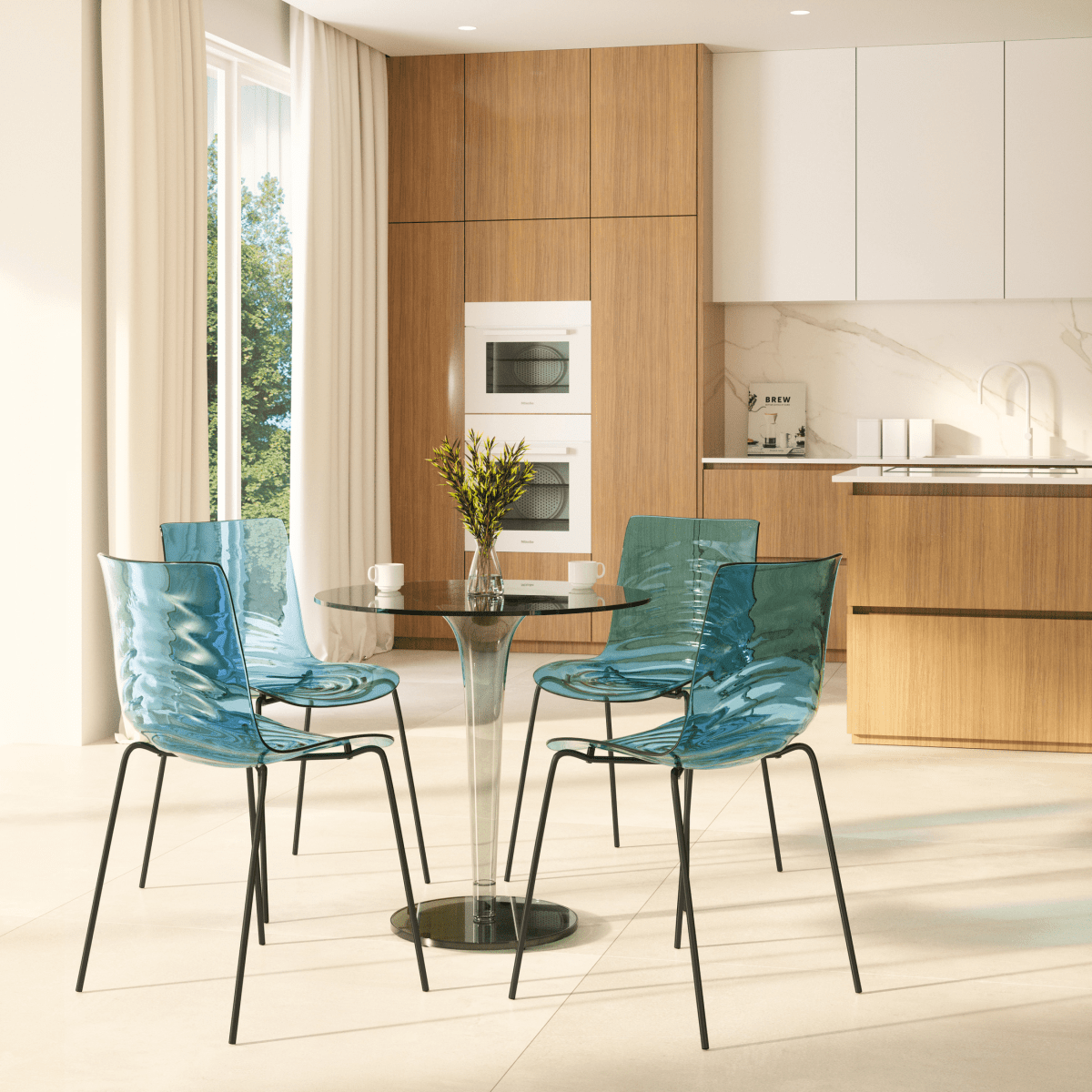 Astor Dining Chair Modern ABS Plastic Side Chair with Stainless-Steel Legs Transparent Blue Black Dining Chair Leisuremod