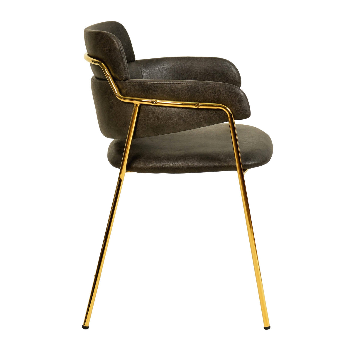 Axis Upholstered Dining Chair with Curved Open-Back and Arms and Black/Gold Stainless Steel Legs Gold Leather Charcoal Dining Chair Leisuremod