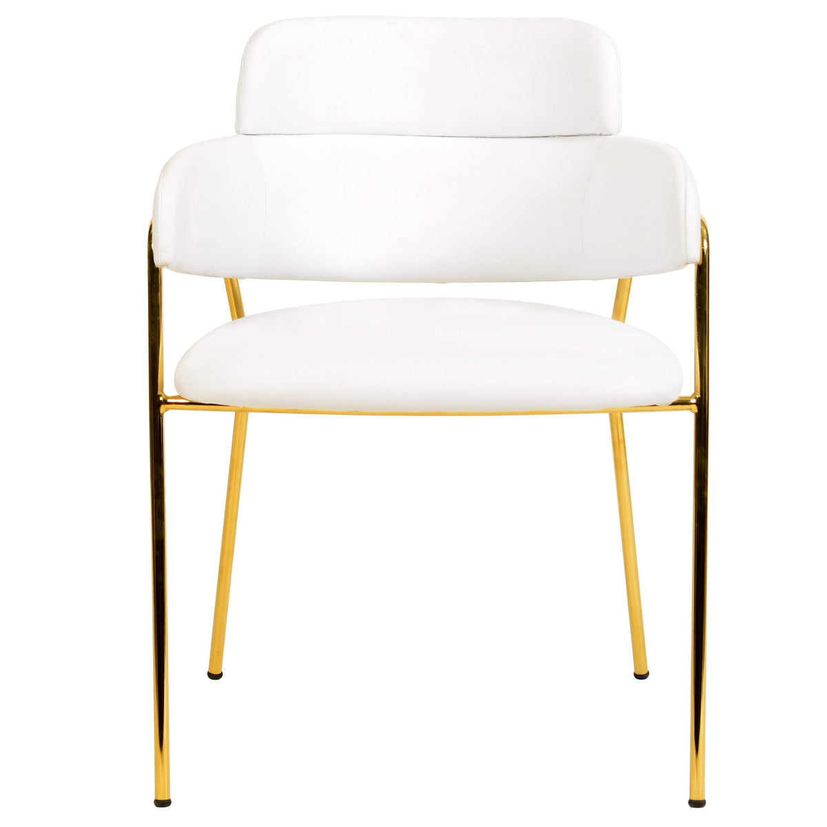 Axis Upholstered Dining Chair with Curved Open-Back and Arms and Black/Gold Stainless Steel Legs Gold Polyester White Dining Chair Leisuremod