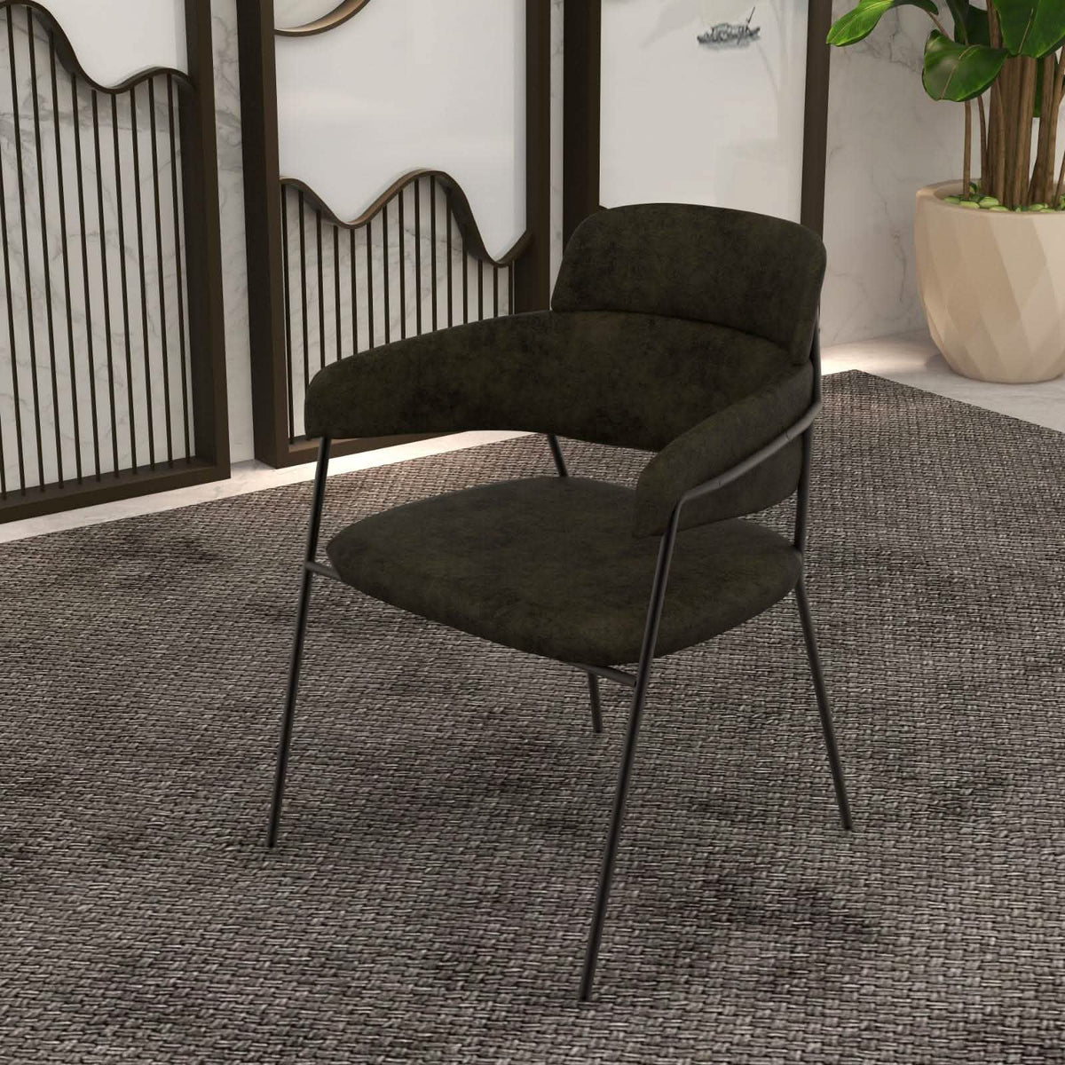 Axis Upholstered Dining Chair with Curved Open-Back and Arms and Black/Gold Stainless Steel Legs Black Leather Charcoal Dining Chair Leisuremod