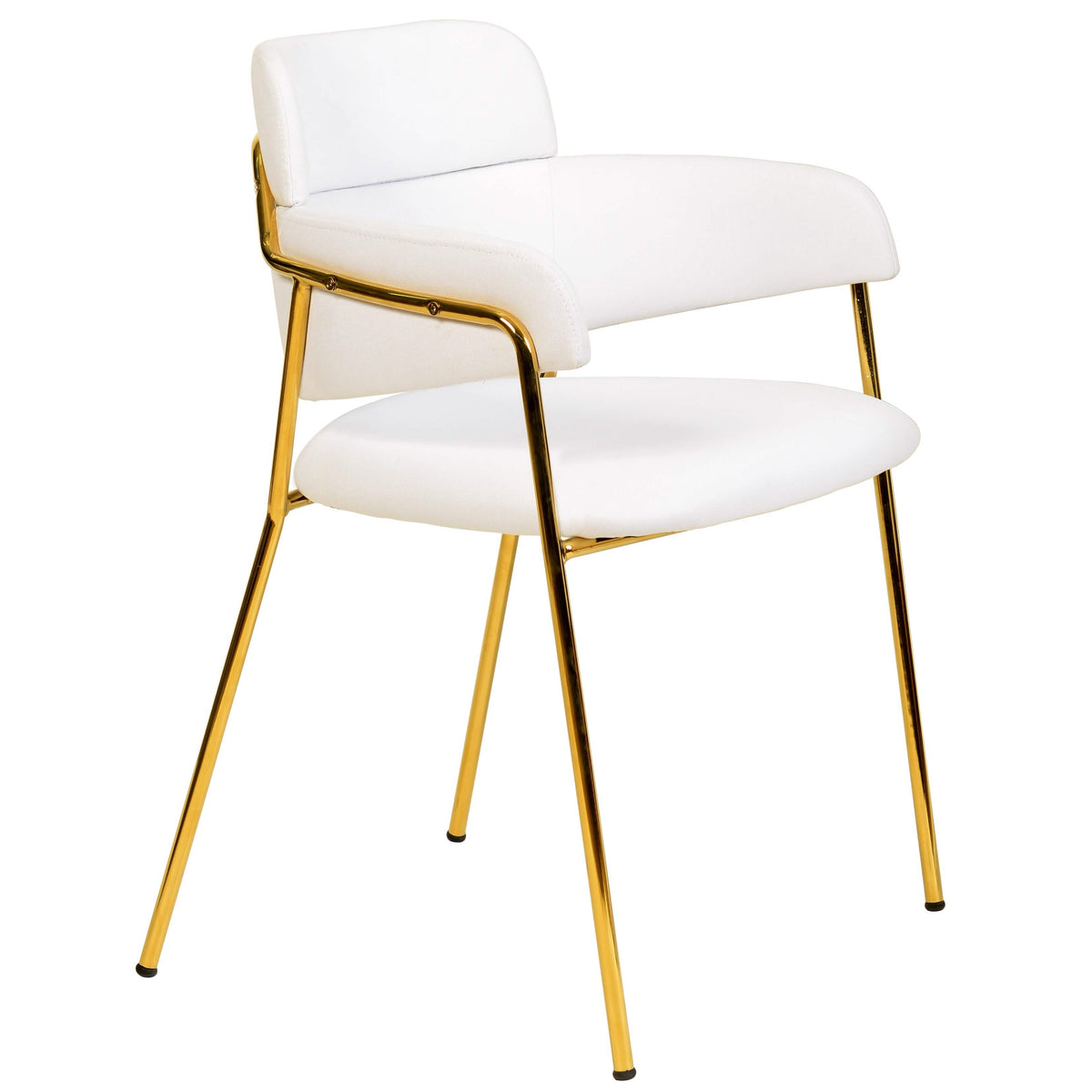 Axis Upholstered Dining Chair with Curved Open-Back and Arms and Black/Gold Stainless Steel Legs Gold Polyester White Dining Chair Leisuremod