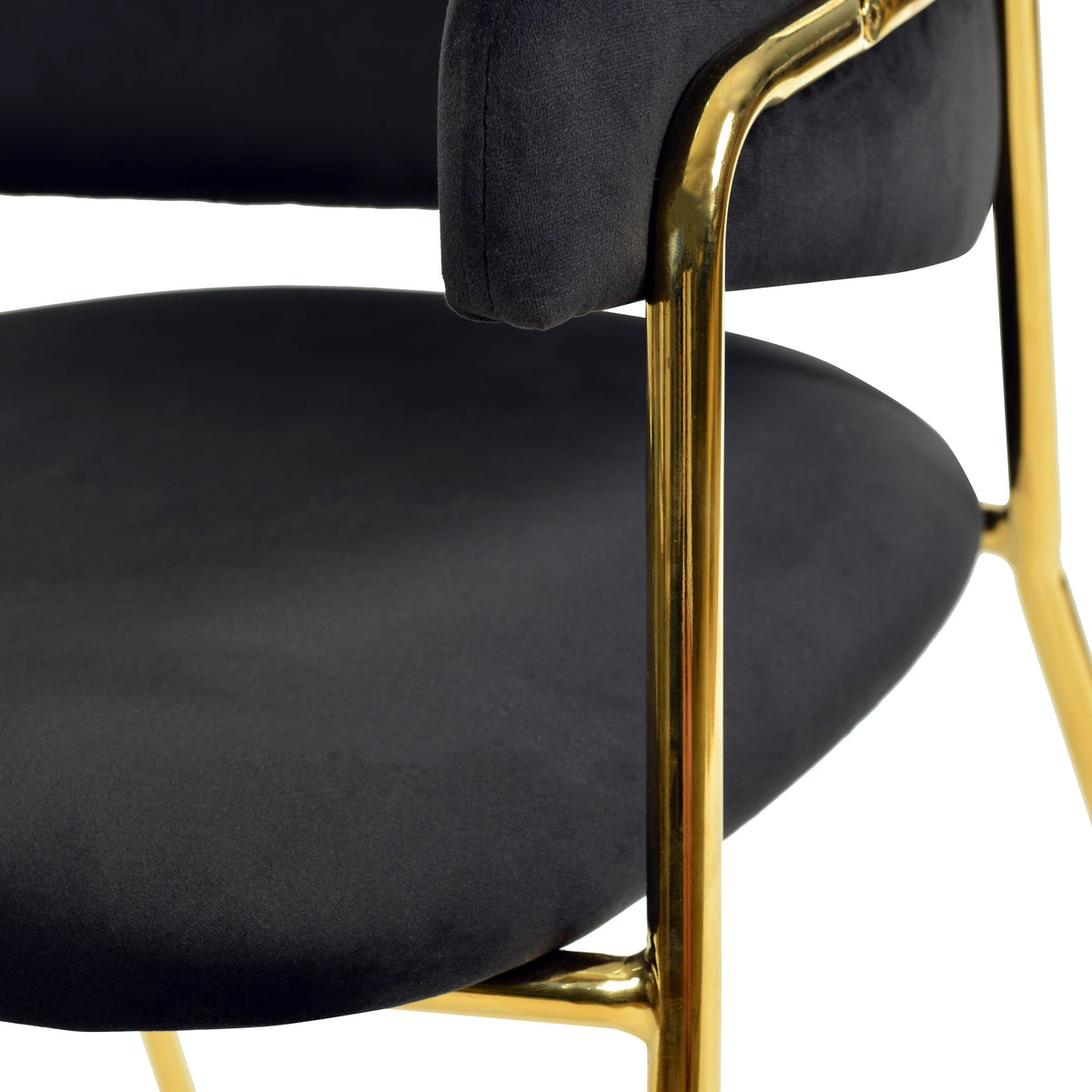 Axis Upholstered Dining Chair with Curved Open-Back and Arms and Black/Gold Stainless Steel Legs Gold Velvet Black Dining Chair Leisuremod