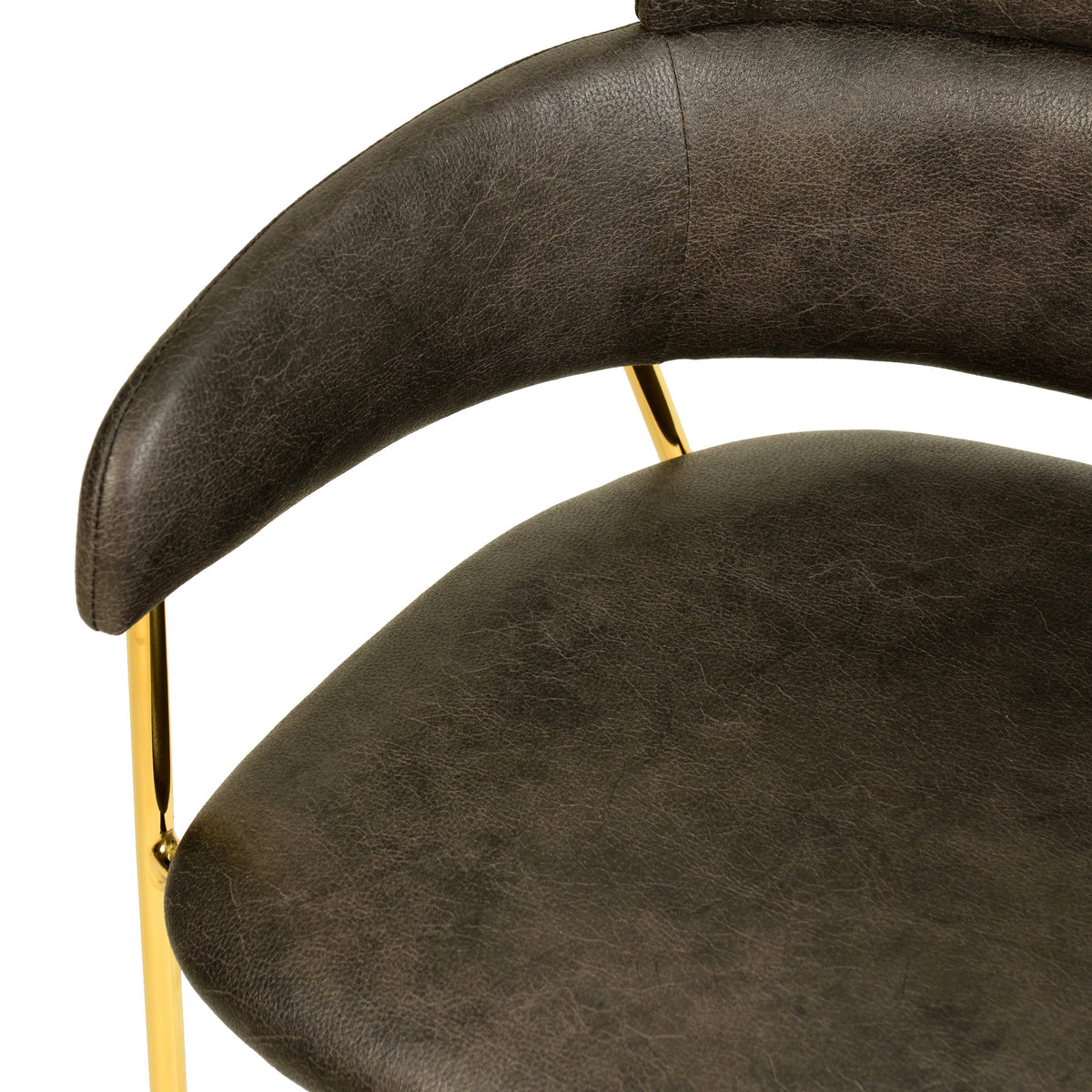 Axis Upholstered Dining Chair with Curved Open-Back and Arms and Black/Gold Stainless Steel Legs Gold Leather Charcoal Dining Chair Leisuremod