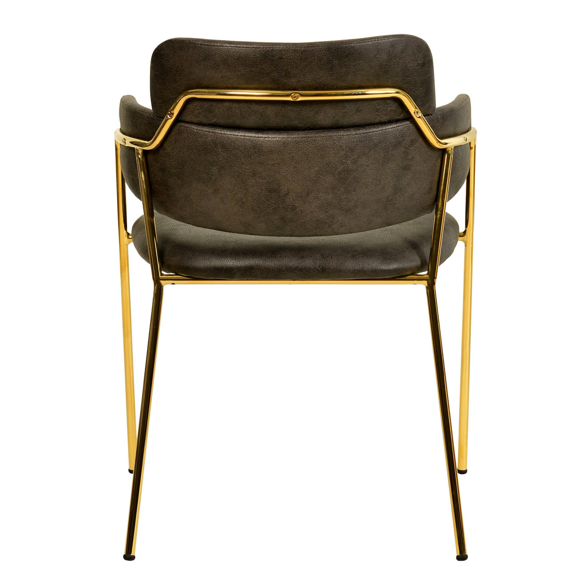 Axis Upholstered Dining Chair with Curved Open-Back and Arms and Black/Gold Stainless Steel Legs Gold Leather Charcoal Dining Chair Leisuremod