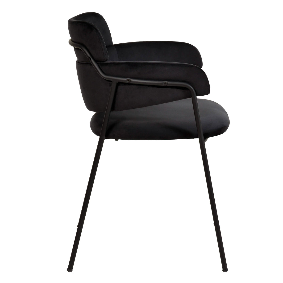 Axis Upholstered Dining Chair with Curved Open-Back and Arms and Black/Gold Stainless Steel Legs Black Velvet Black Dining Chair Leisuremod