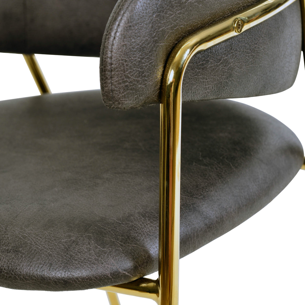 Axis Upholstered Dining Chair with Curved Open-Back and Arms and Black/Gold Stainless Steel Legs Gold Leather Charcoal Dining Chair Leisuremod