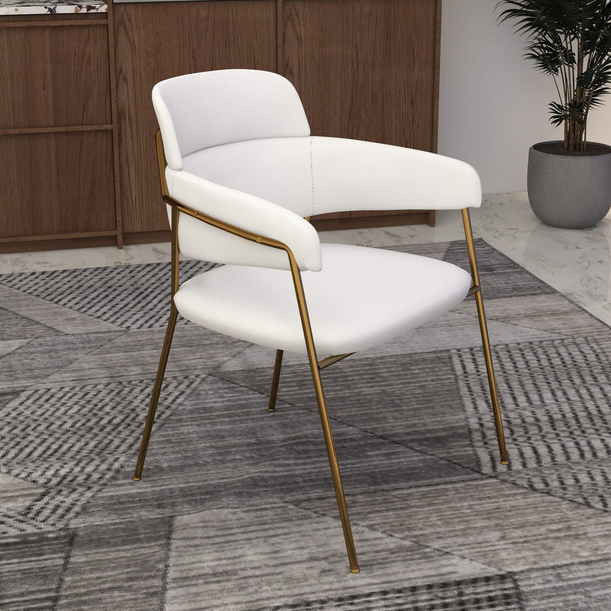 Axis Upholstered Dining Chair with Curved Open-Back and Arms and Black/Gold Stainless Steel Legs Gold Polyester White Dining Chair Leisuremod