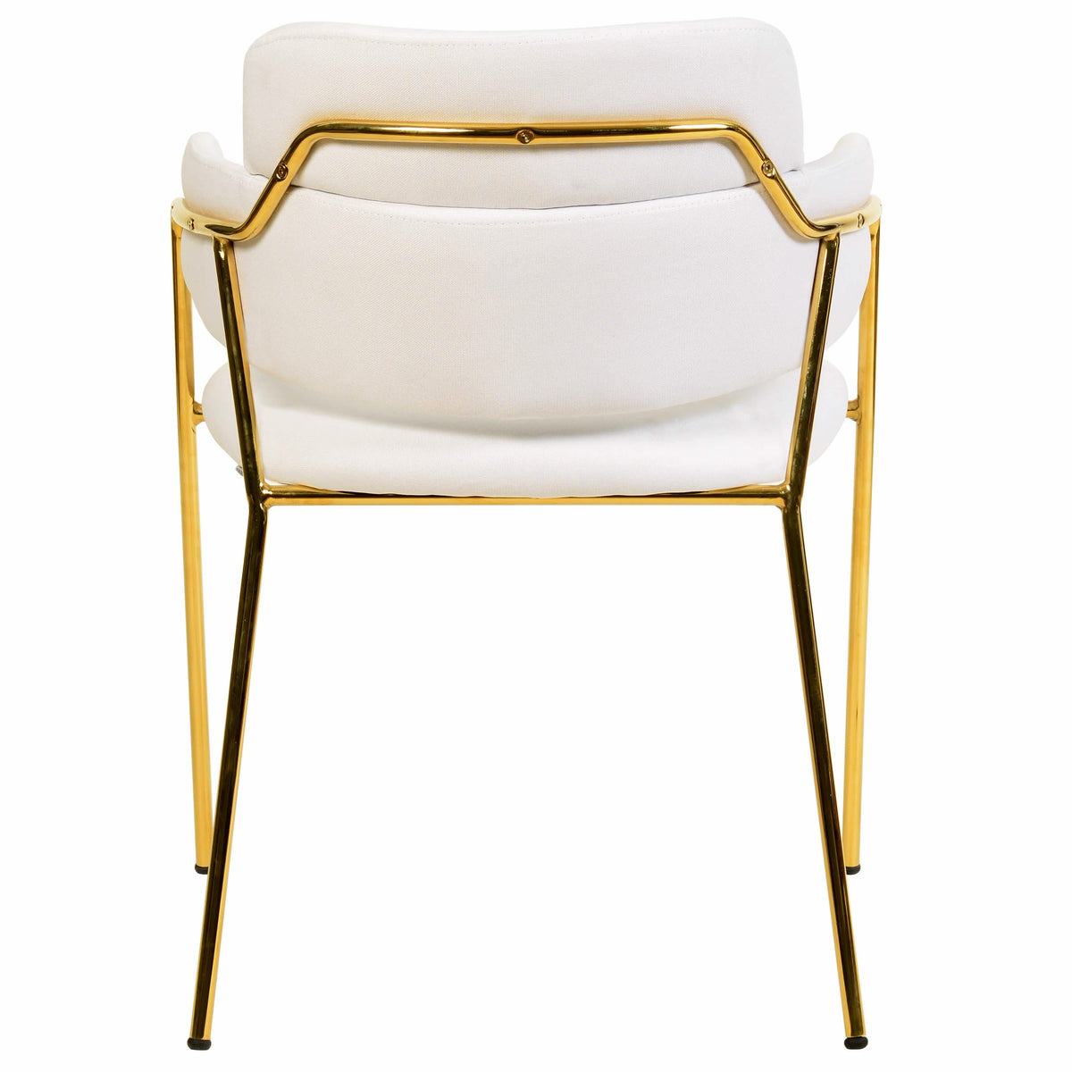 Axis Upholstered Dining Chair with Curved Open-Back and Arms and Black/Gold Stainless Steel Legs Gold Polyester White Dining Chair Leisuremod