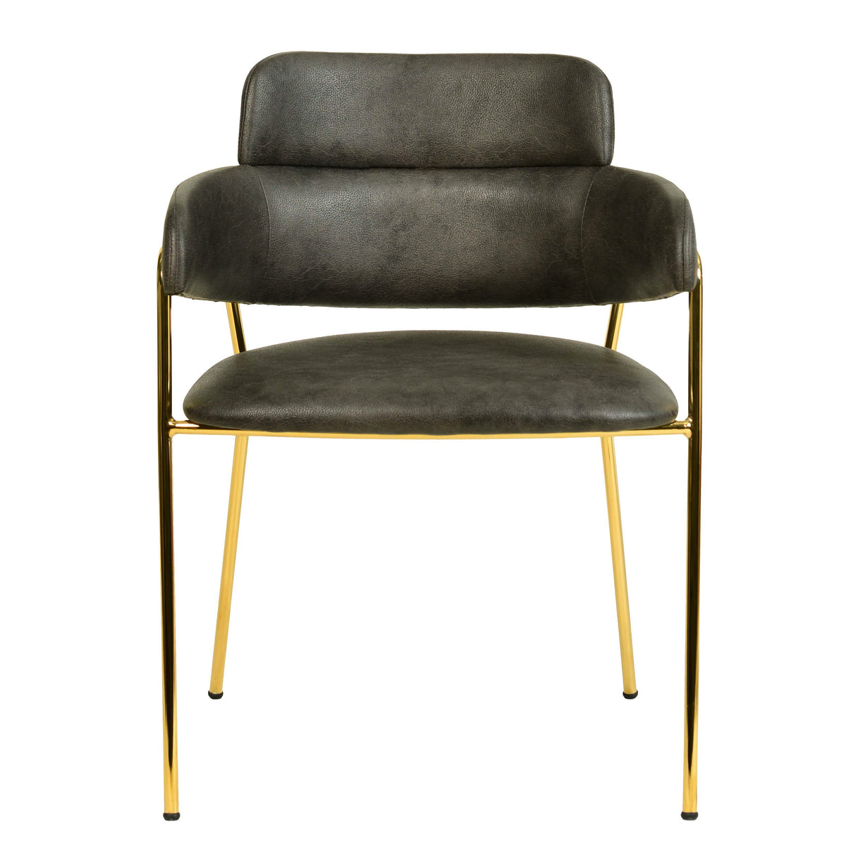 Axis Upholstered Dining Chair with Curved Open-Back and Arms and Black/Gold Stainless Steel Legs Gold Leather Charcoal Dining Chair Leisuremod