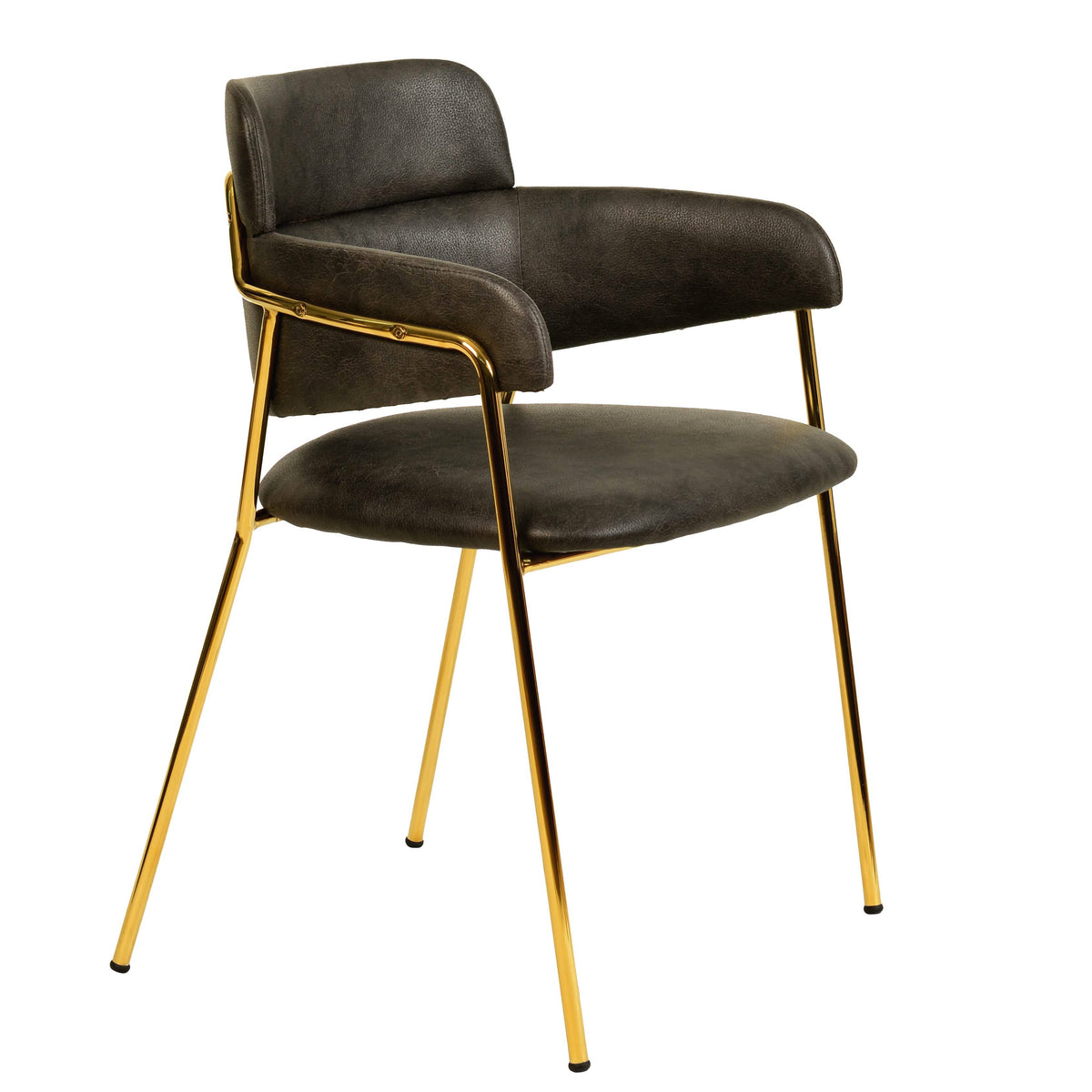 Axis Upholstered Dining Chair with Curved Open-Back and Arms and Black/Gold Stainless Steel Legs Gold Leather Charcoal Dining Chair Leisuremod