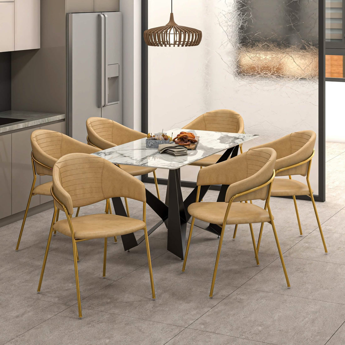 Bella Dining Chair Upholsted in Leather or Velvet in Gold Stainless Steel Taupe Leather Dining Chair Leisuremod
