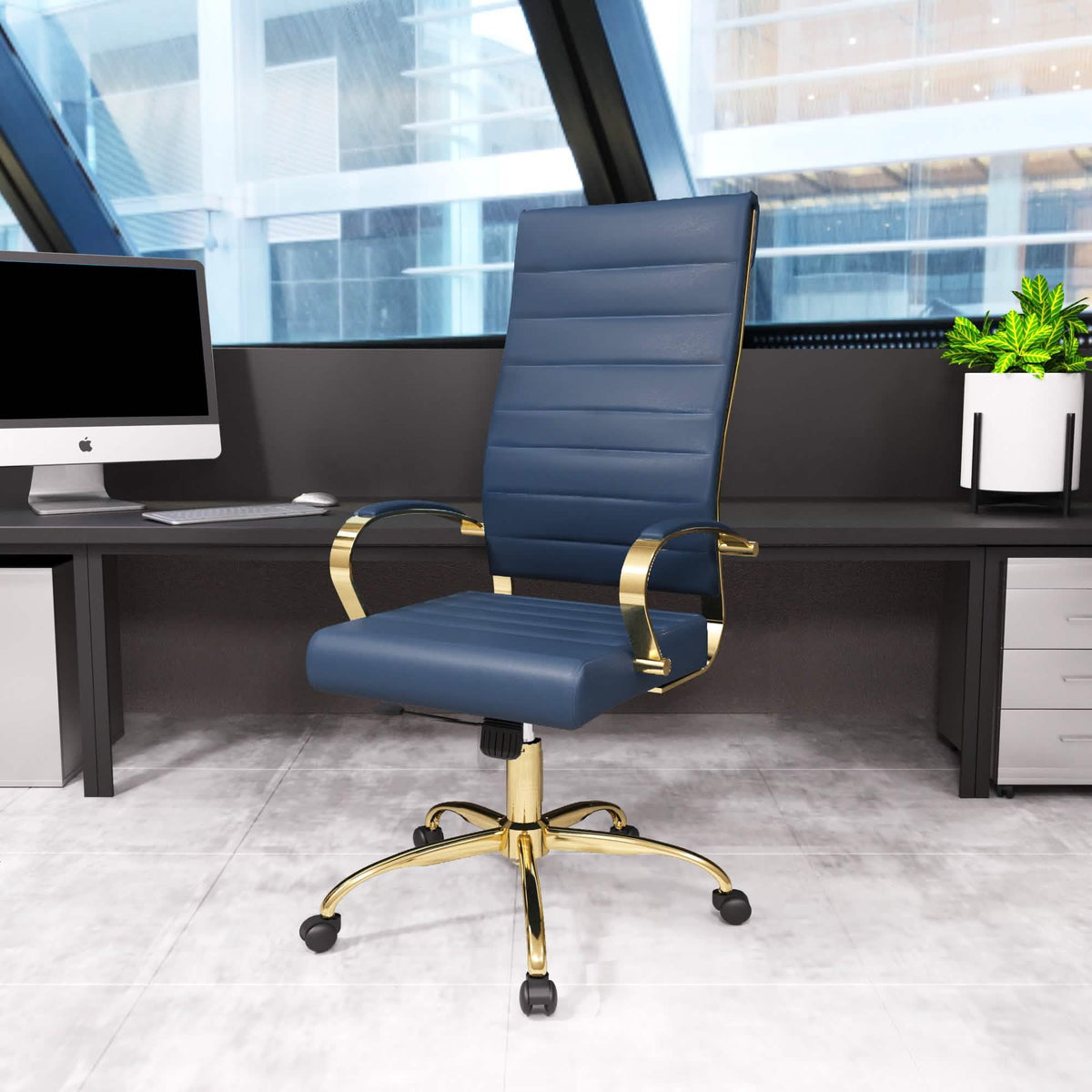 Benmar High-Back Leather Adjustable Office Conference Chair Gold Navy Blue Office Chair Leisuremod