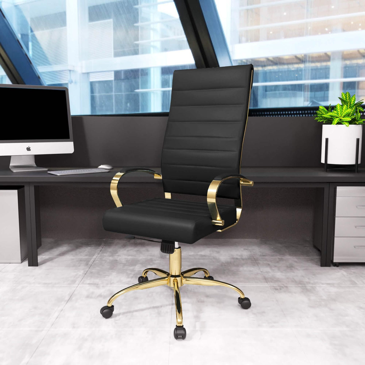 Benmar High-Back Leather Adjustable Office Conference Chair Gold Black Office Chair Leisuremod