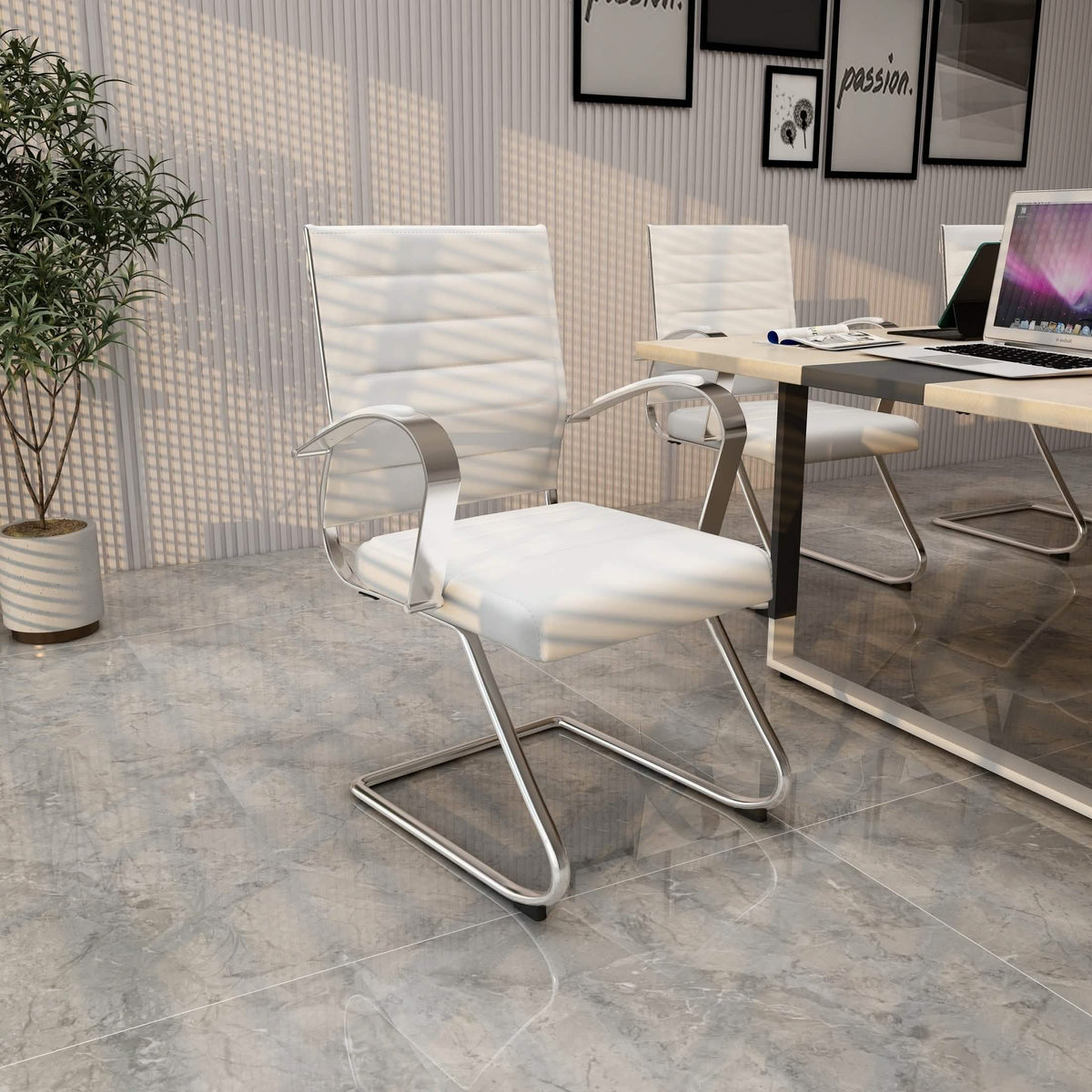 Benmar Mid-Back Office Conference Chair Upholstered in Leather with Stainless Steel Sled Base White Office Chair Leisuremod