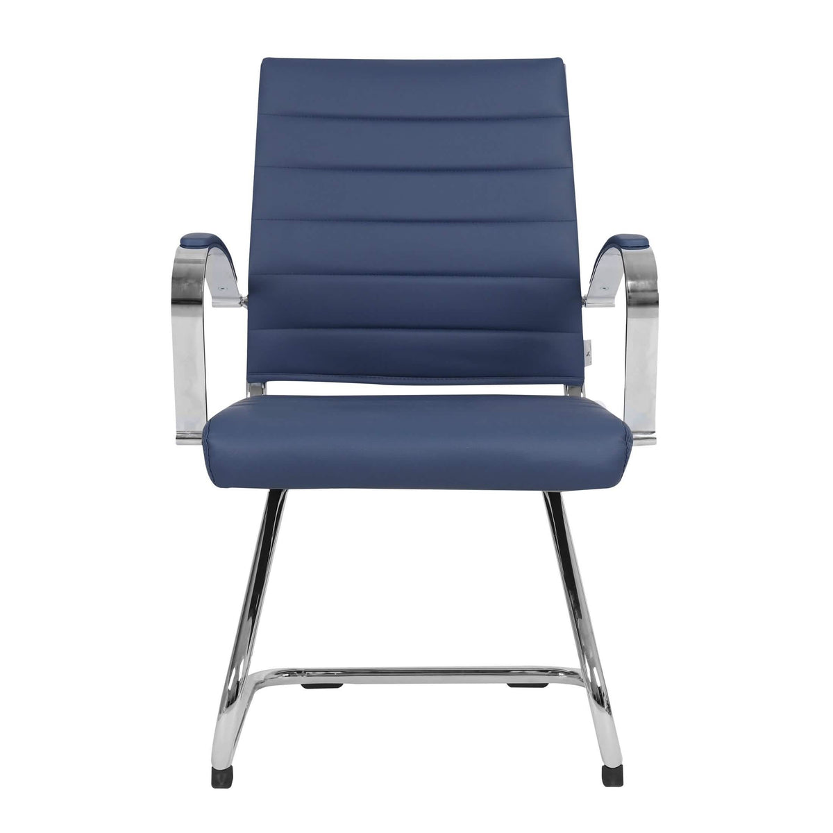 Benmar Mid-Back Office Conference Chair Upholstered in Leather with Stainless Steel Sled Base Navy Blue Office Chair Leisuremod