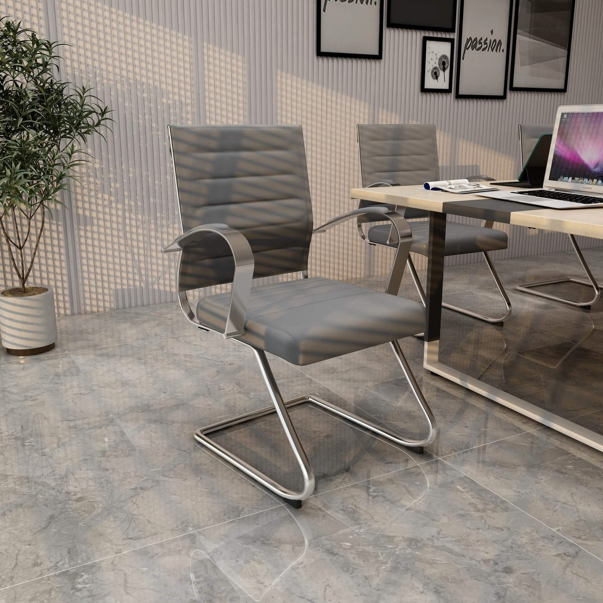 Benmar Mid-Back Office Conference Chair Upholstered in Leather with Stainless Steel Sled Base Grey Office Chair Leisuremod