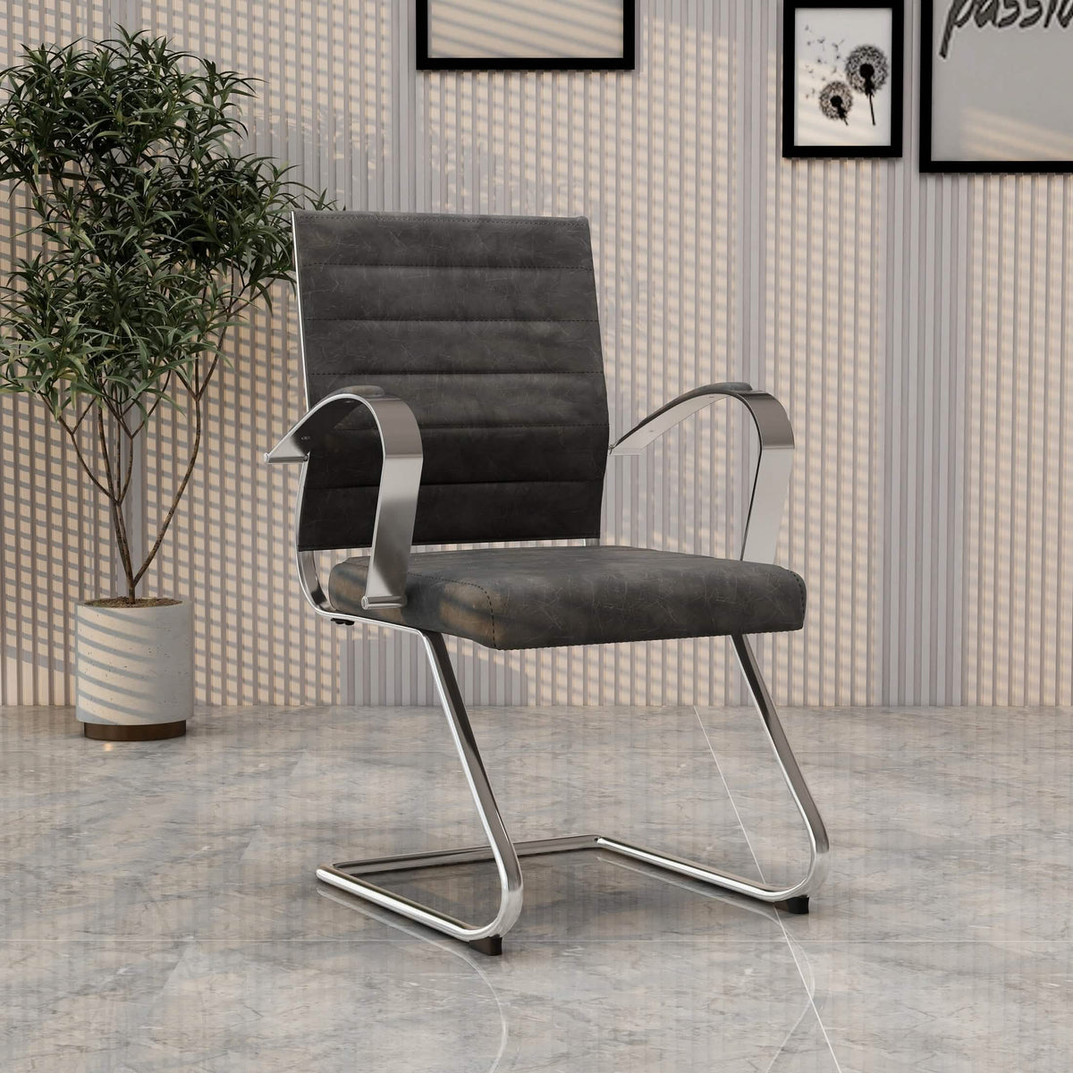 Benmar Mid-Back Office Conference Chair Upholstered in Leather with Stainless Steel Sled Base Charcoal Office Chair Leisuremod