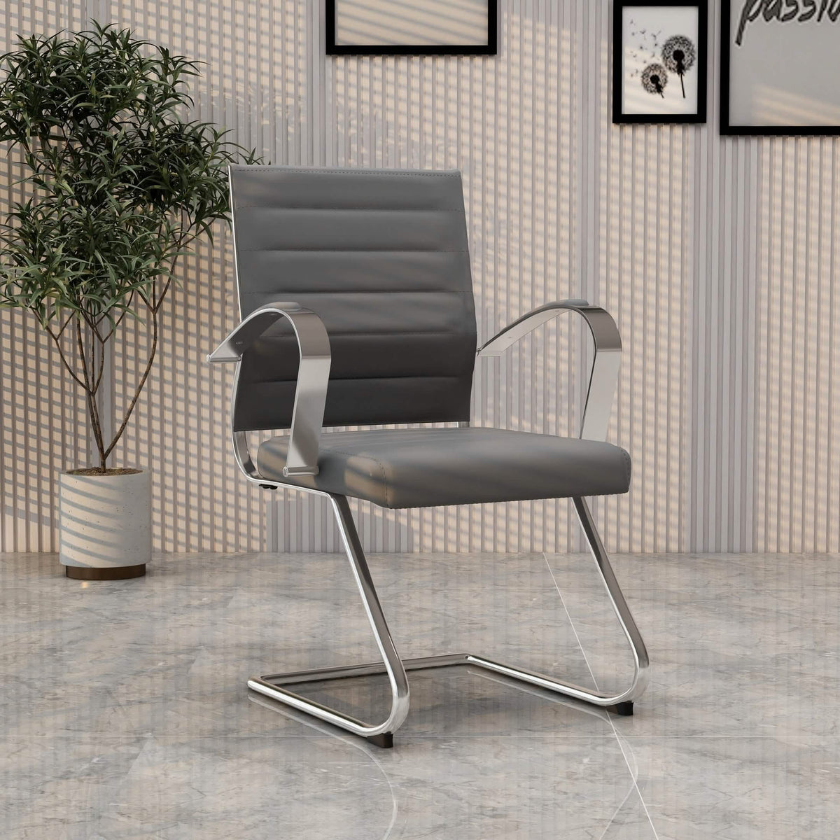 Benmar Mid-Back Office Conference Chair Upholstered in Leather with Stainless Steel Sled Base Grey Office Chair Leisuremod