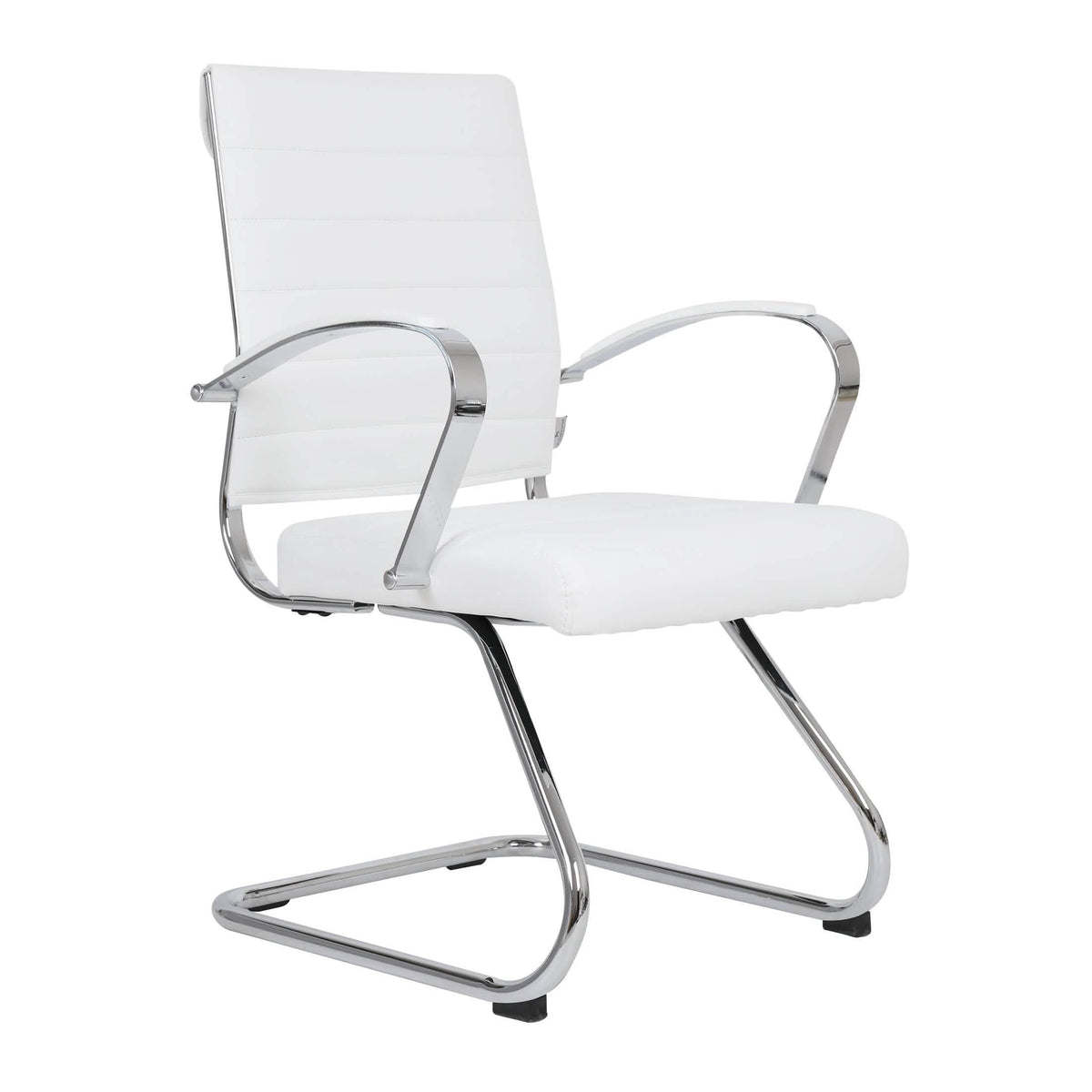 Benmar Mid-Back Office Conference Chair Upholstered in Leather with Stainless Steel Sled Base White Office Chair Leisuremod