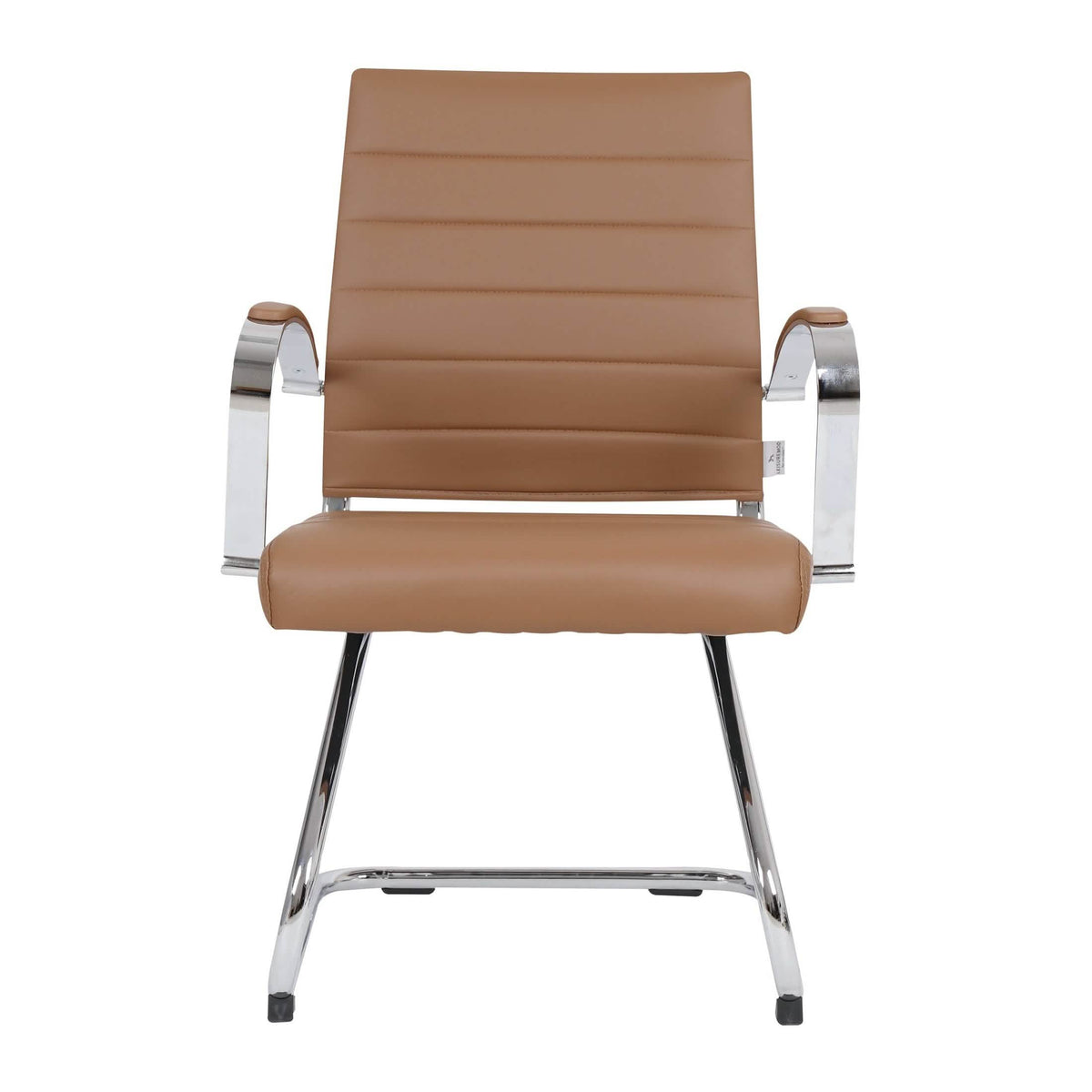 Benmar Mid-Back Office Conference Chair Upholstered in Leather with Stainless Steel Sled Base Light Brown Office Chair Leisuremod
