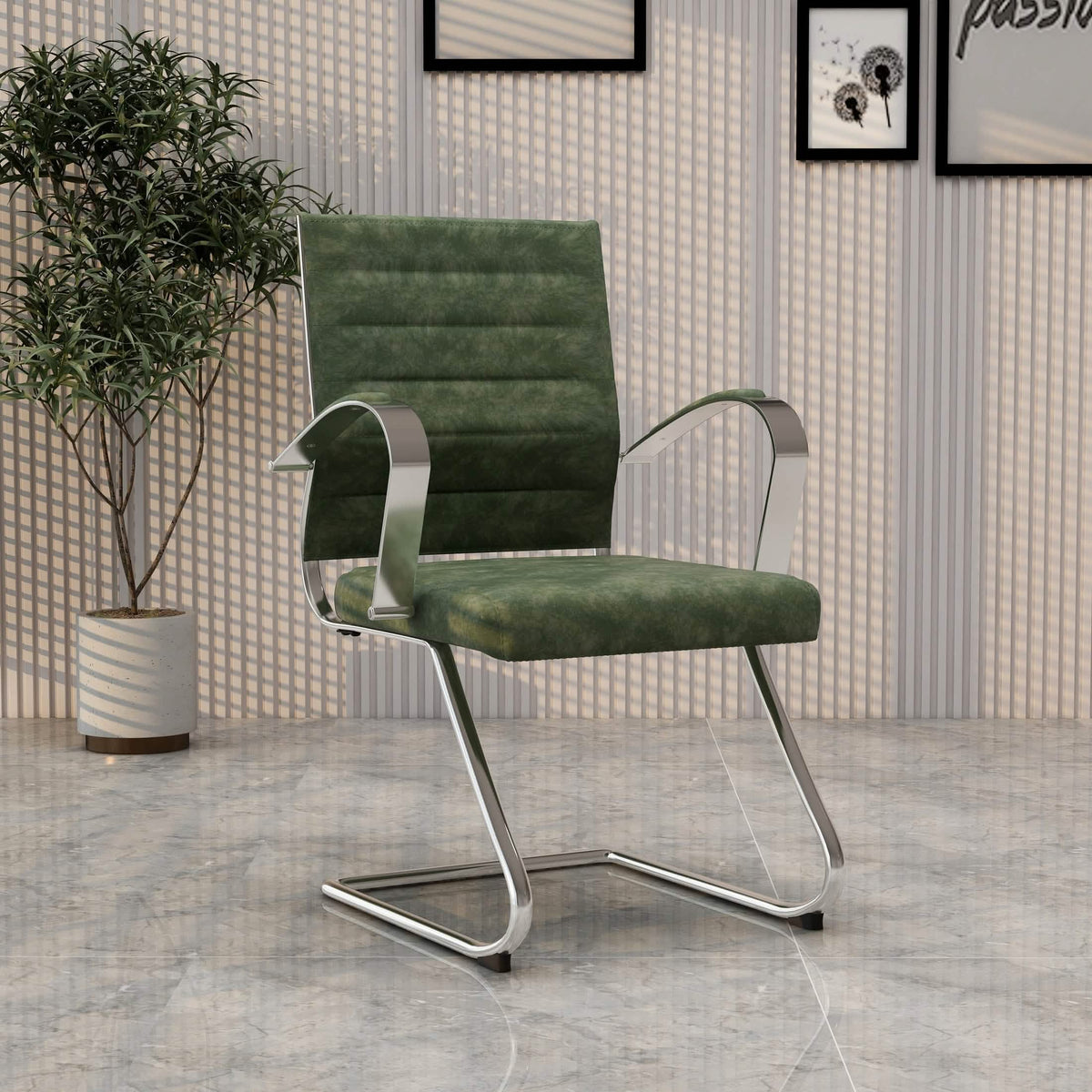 Benmar Mid-Back Office Conference Chair Upholstered in Leather with Stainless Steel Sled Base Green Office Chair Leisuremod