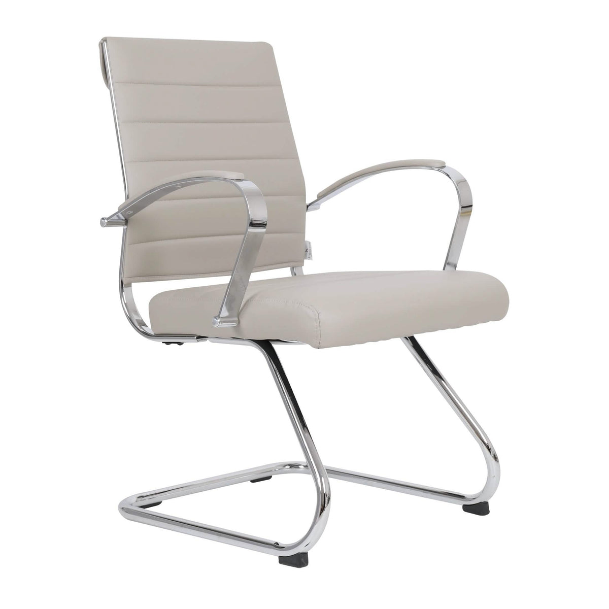 Benmar Mid-Back Office Conference Chair Upholstered in Leather with Stainless Steel Sled Base Tan Office Chair Leisuremod