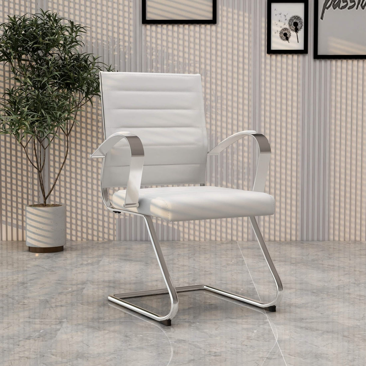 Benmar Mid-Back Office Conference Chair Upholstered in Leather with Stainless Steel Sled Base White Office Chair Leisuremod