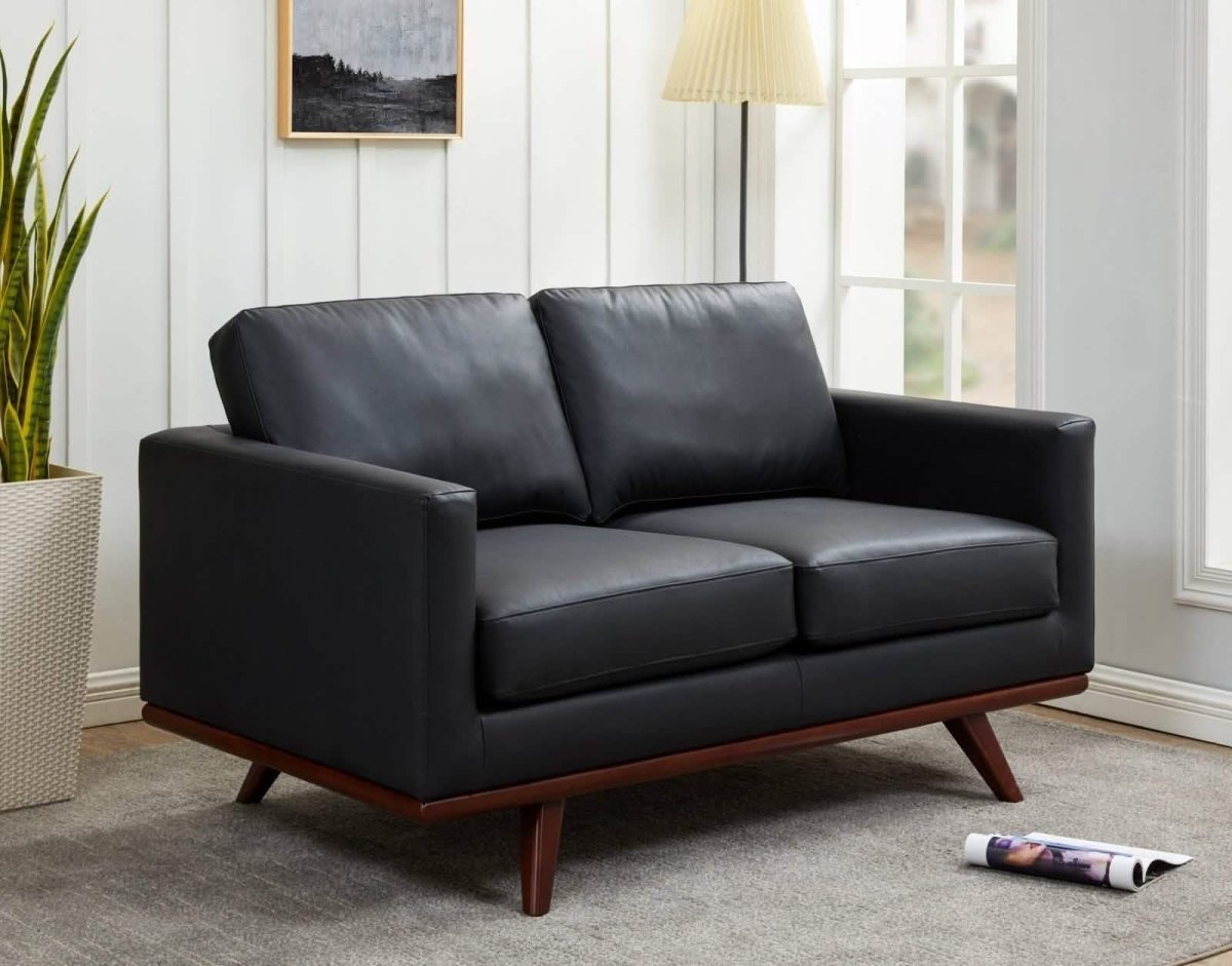 Birch Wood Base Leather/Mesh Loveseat - Chester Collection Leather Black Sofa Leisuremod