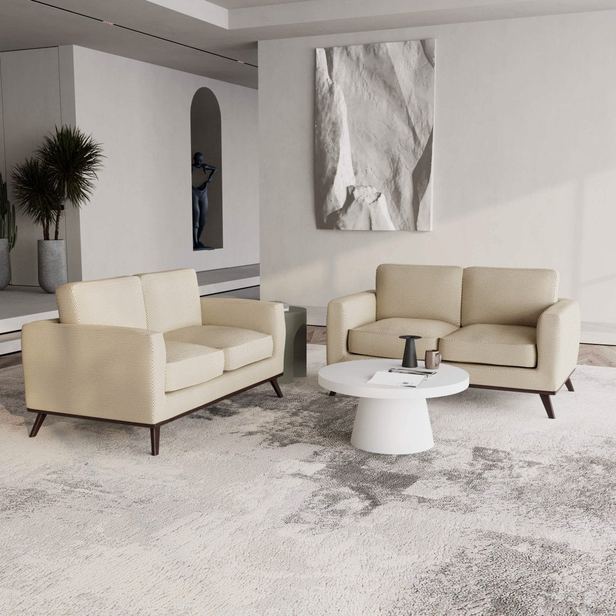 Birch Wood Base Leather/Mesh Loveseat - Chester Collection Mesh Beige Sofa Leisuremod