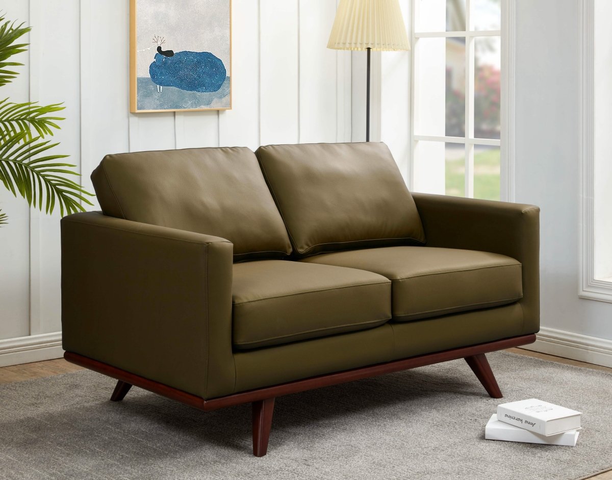 Birch Wood Base Leather/Mesh Loveseat - Chester Collection Leather Green Sofa Leisuremod