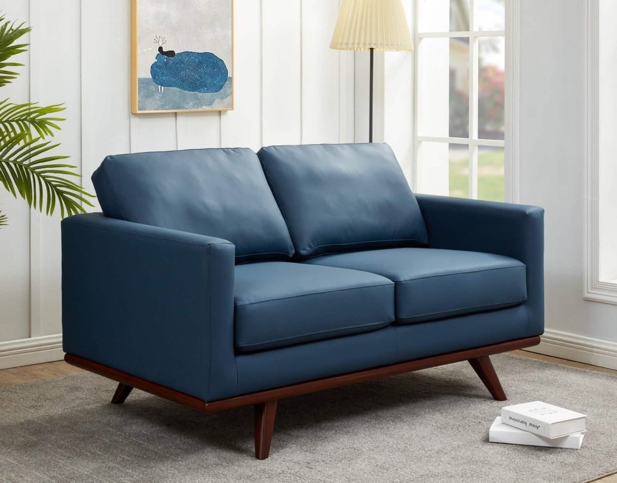 Birch Wood Base Leather/Mesh Loveseat - Chester Collection Leather Navy Blue Sofa Leisuremod