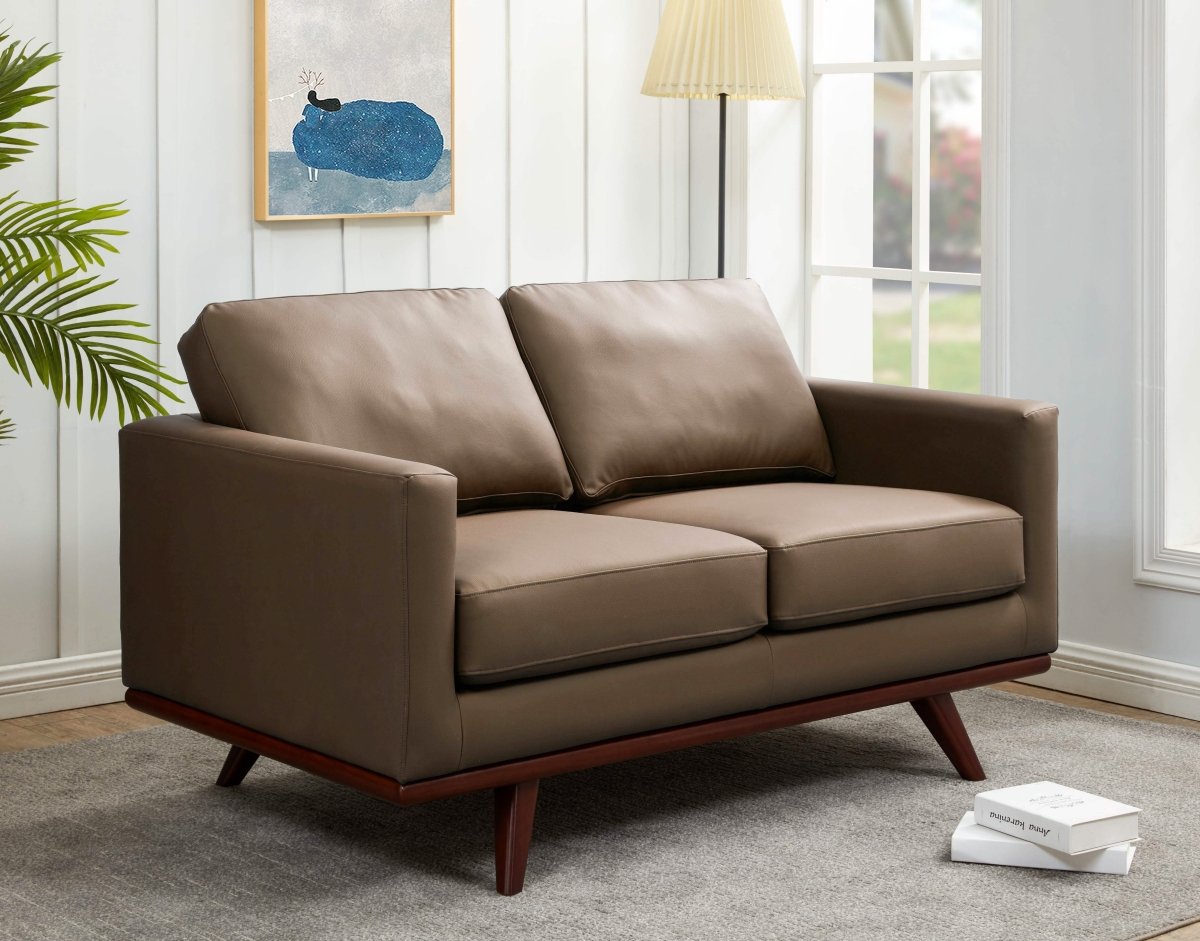Birch Wood Base Leather/Mesh Loveseat - Chester Collection Leather Taupe Sofa Leisuremod