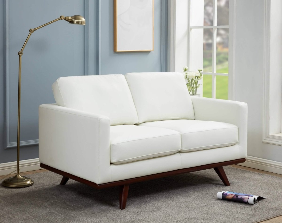 Birch Wood Base Leather/Mesh Loveseat - Chester Collection Leather White Sofa Leisuremod