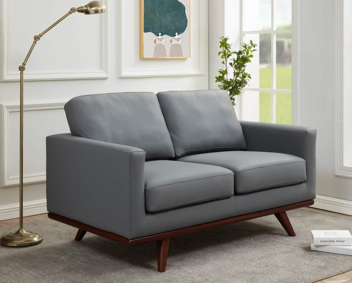 Birch Wood Base Leather/Mesh Loveseat - Chester Collection Leather Grey Sofa Leisuremod