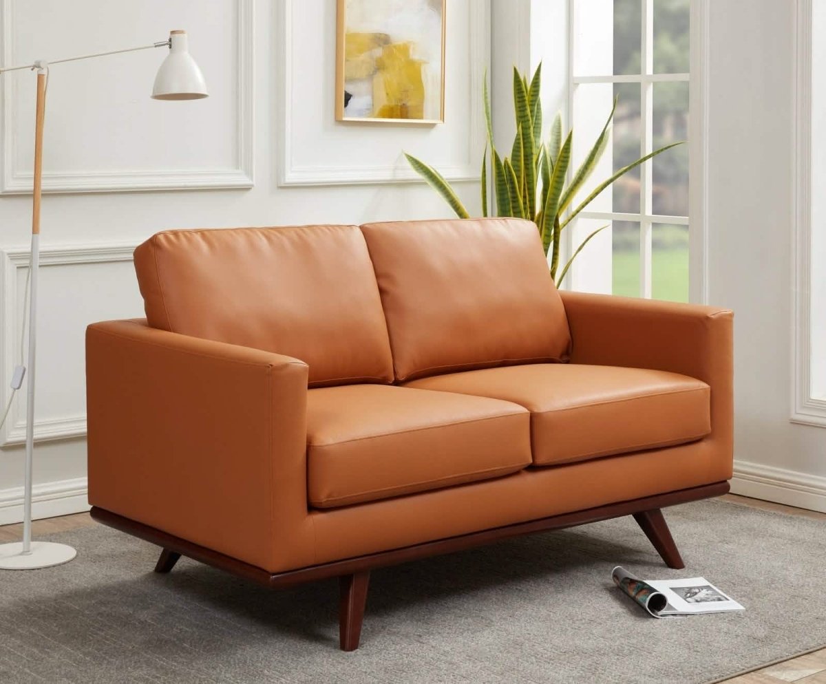 Birch Wood Base Leather/Mesh Loveseat - Chester Collection Leather Cognac Tan Sofa Leisuremod