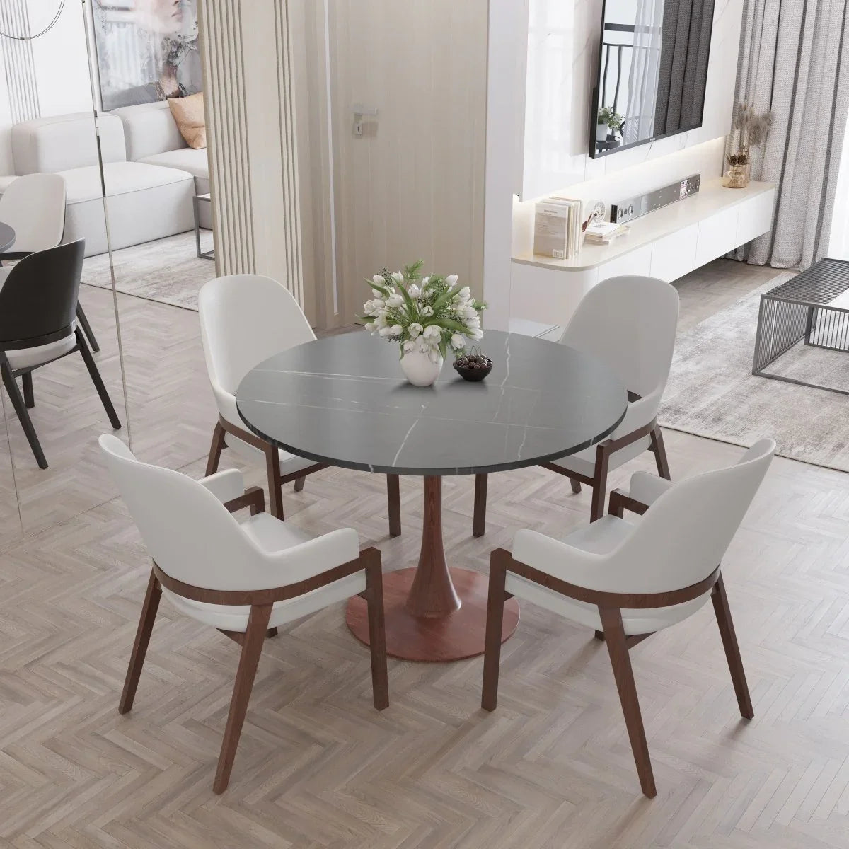 Bristol 27"/31"/35"/40" Round Dining Table Wood Transfer Cherry/Natural/Walnut Base with Sintered Stone Table Top - Elax Furniture
