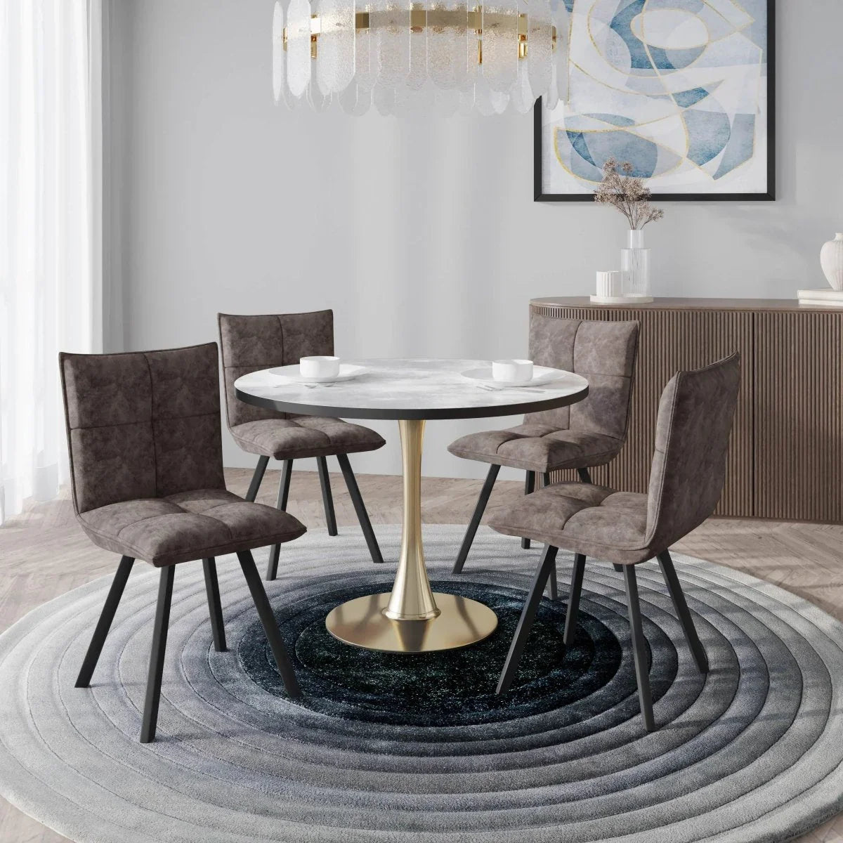 Bristol 5-Piece Dining Set with 35" Round Dining Table with White Sintered Stone Top and Black Base 4 Leather Dining Chairs - Elax Furniture