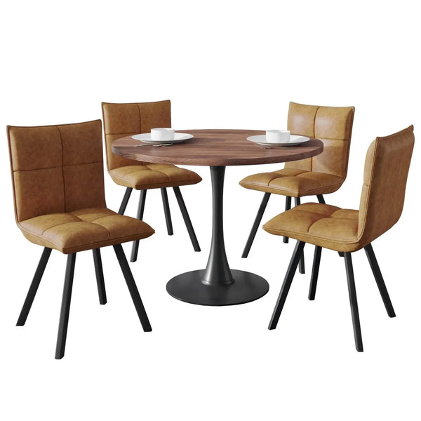 Bristol 5-Piece Dining Set with 36" Round Dining Table with Cognac Brown MDF Top and Black Base 4 Leather Dining Chairs - Elax Furniture