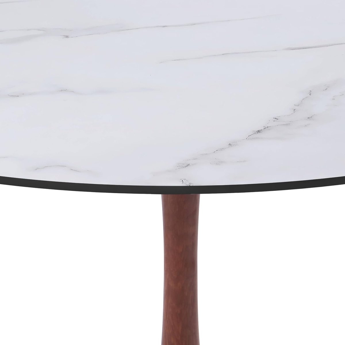 Bristol Round Dining Table With MDF Wood/Sintered Stone Tabletop with Cherry Finish Pedestal Base Wood Marbled White Dining Table LeisureMod