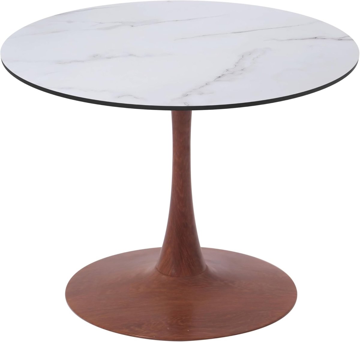 Bristol Round Dining Table With MDF Wood/Sintered Stone Tabletop with Cherry Finish Pedestal Base Wood Marbled White Dining Table LeisureMod