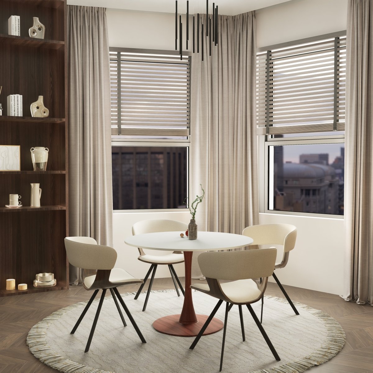 Bristol Round Dining Table With MDF Wood/Sintered Stone Tabletop with Cherry Finish Pedestal Base Stone White Dining Table LeisureMod