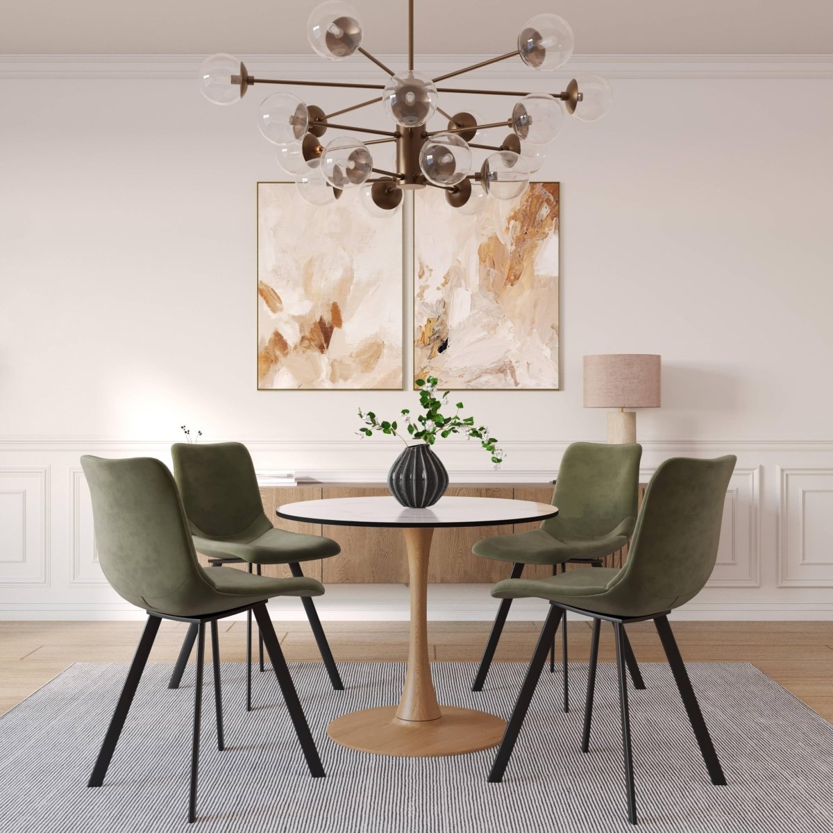 Bristol Round Dining Table With MDF Wood/Sintered Stone Tabletop with Natural Wood Finish Pedestal Base Wood Marbled White Dining Table LeisureMod