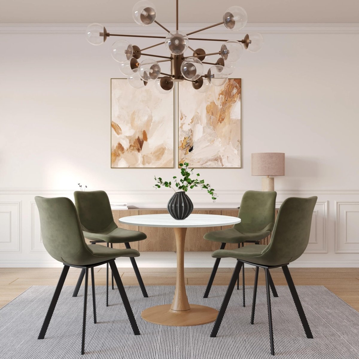 Bristol Round Dining Table With MDF Wood/Sintered Stone Tabletop with Natural Wood Finish Pedestal Base Wood 27 in. Wide Light Natural Wood Dining Table LeisureMod