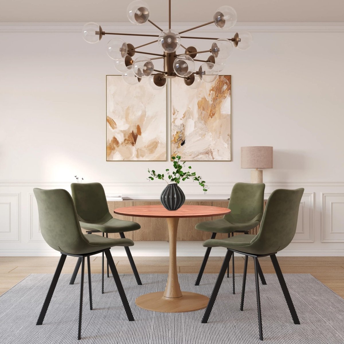 Bristol Round Dining Table With MDF Wood/Sintered Stone Tabletop with Natural Wood Finish Pedestal Base Wood Cognac Brown Dining Table LeisureMod