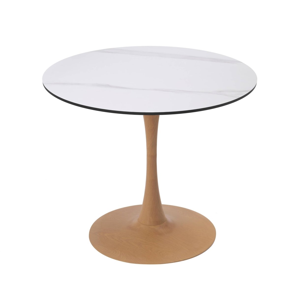Bristol Round Dining Table With MDF Wood/Sintered Stone Tabletop with Natural Wood Finish Pedestal Base Wood White Dining Table LeisureMod