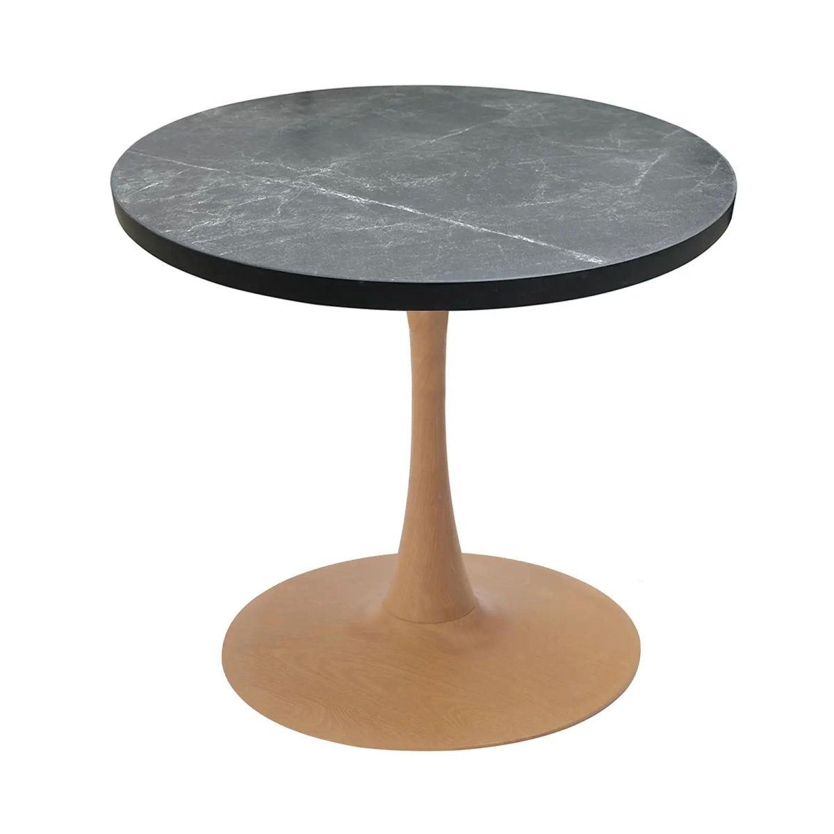 Bristol Round Dining Table With MDF Wood/Sintered Stone Tabletop with Natural Wood Finish Pedestal Base Wood Marbleized Black Dining Table LeisureMod