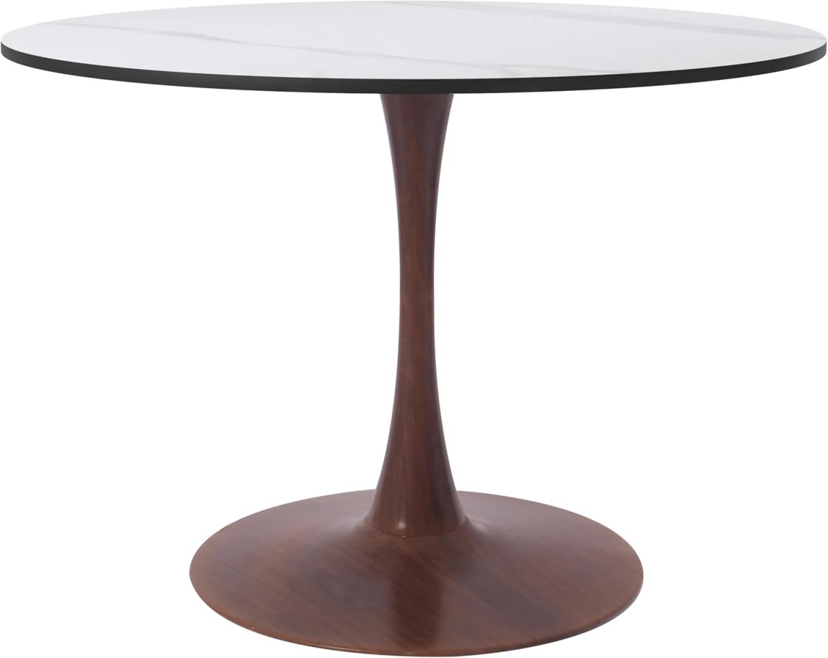 Bristol Round Dining Table With MDF Wood/Sintered Stone Tabletop with Walnut Finish Pedestal Base Stone White Dining Table LeisureMod
