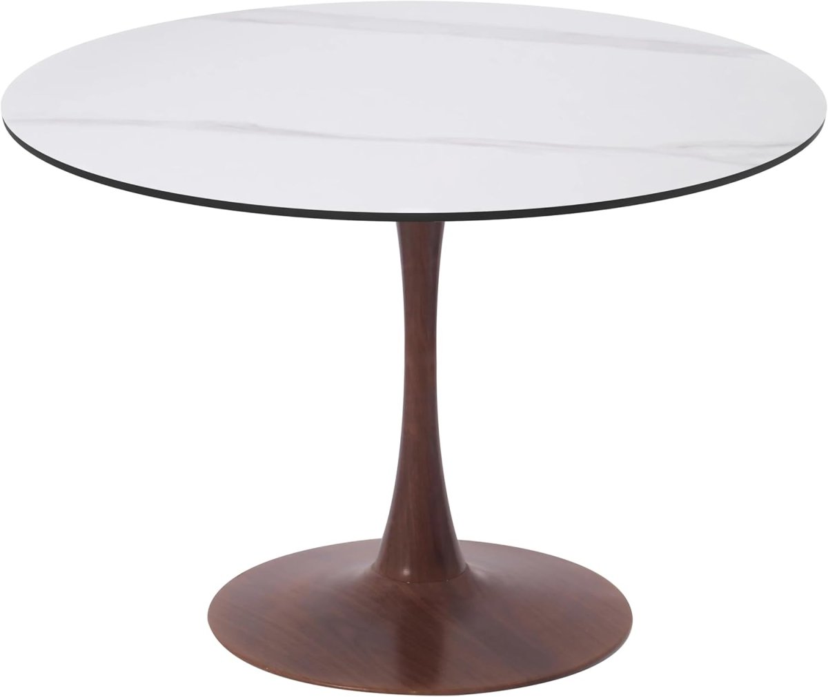Bristol Round Dining Table With MDF Wood/Sintered Stone Tabletop with Walnut Finish Pedestal Base Stone White Dining Table LeisureMod